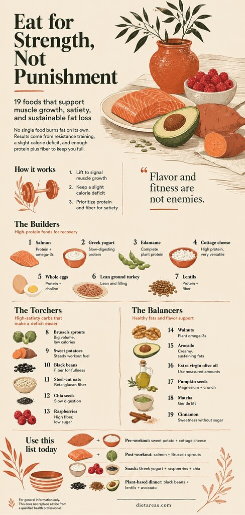 Editorial food infographic featuring high-protein, high-fiber, and healthy-fat foods for building muscle and supporting sustainable fat loss.