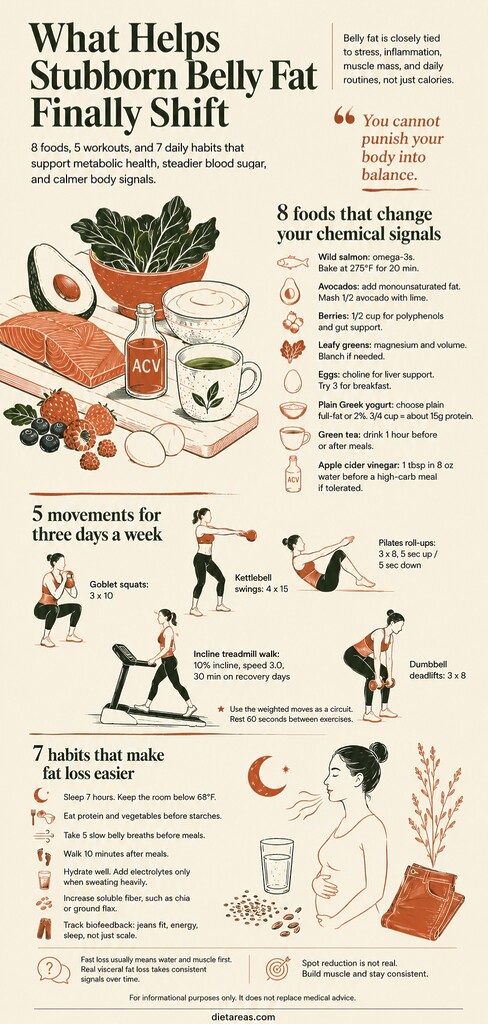 Editorial infographic showing foods, workouts, and daily habits that support belly fat loss, including salmon, avocado, berries, strength exercises, walking, sleep, hydration, and fiber.