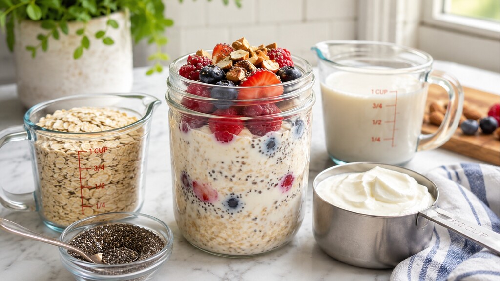 Overnight oats in a glass jar topped with berries, nuts, and chia seeds, with rolled oats, Greek yogurt, and almond milk nearby.