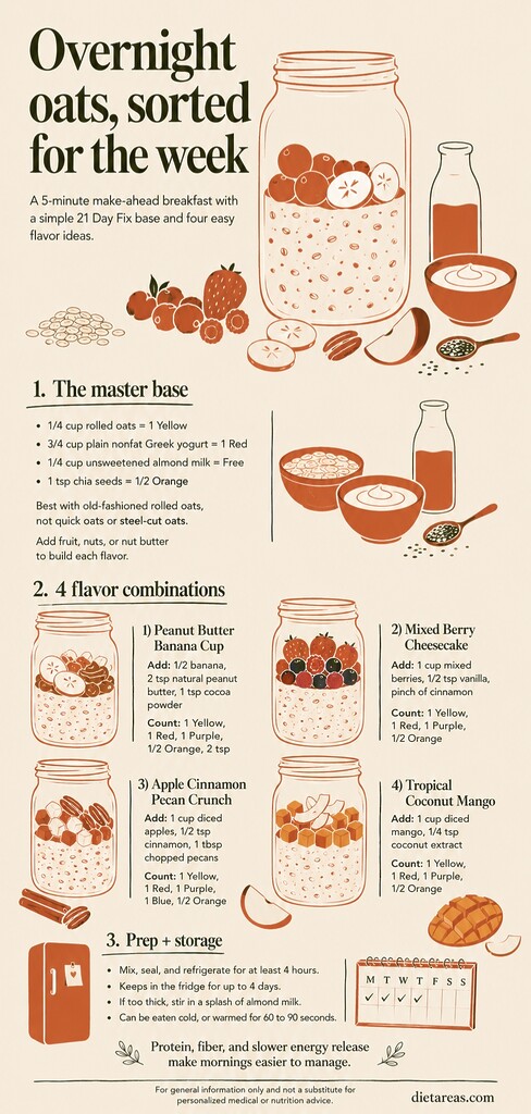 Editorial infographic showing 21 Day Fix overnight oats in jars, with the master base ratio, four flavor combinations, prep steps, and fridge storage tips.