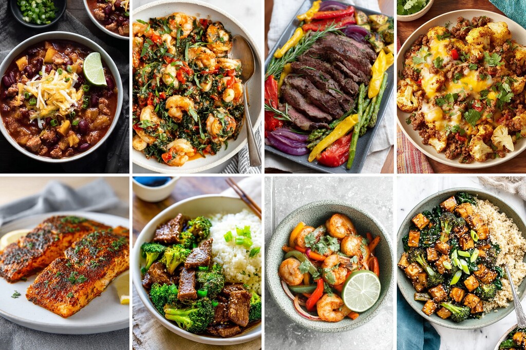 Collage of IIFYM high-protein meals with chili, shrimp, steak, salmon, and tofu bowls