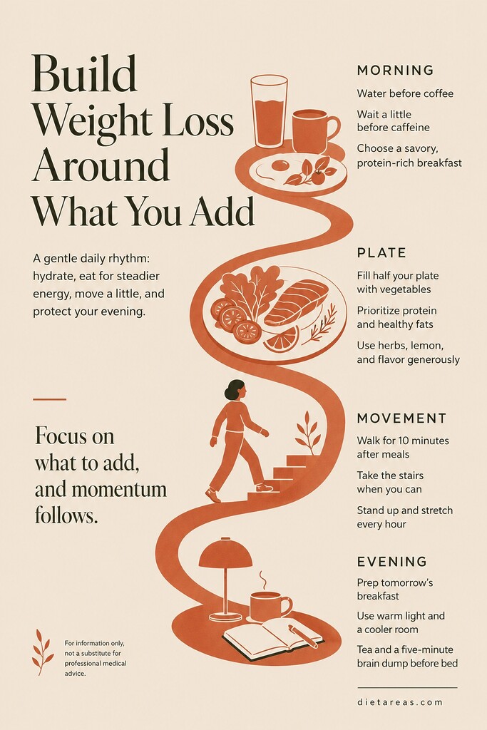 Editorial illustration showing a gentle daily weight loss routine built around adding healthy habits, including morning hydration, balanced meals, movement, and evening wind-down.