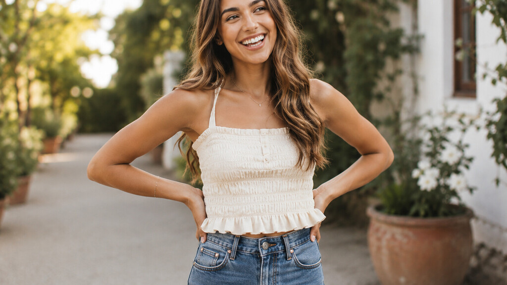 Woman smiling with elbows slightly away from her waist to create space for a relaxed photo pose.