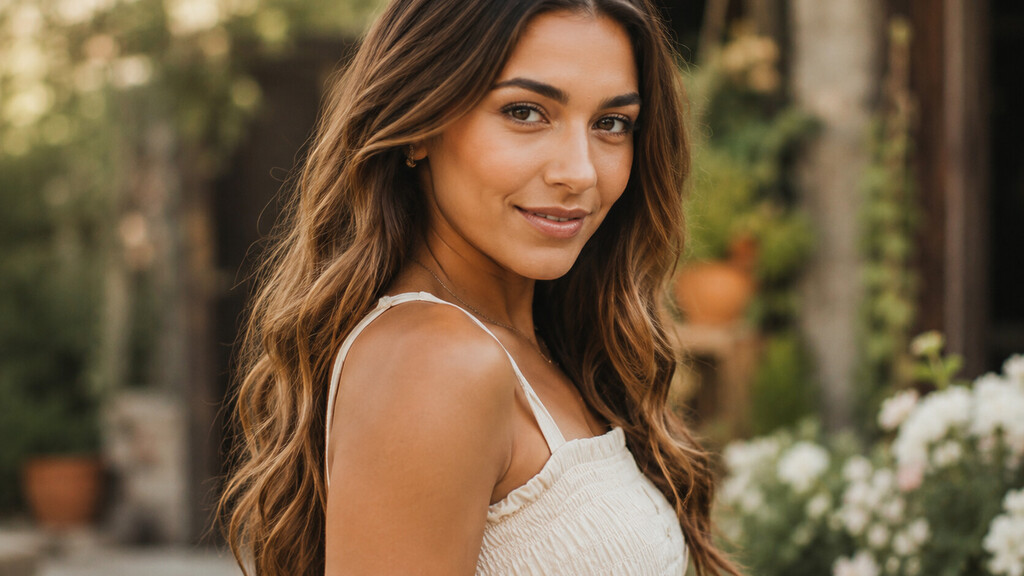 Woman turning slightly toward the camera to show a flattering angle in an outdoor portrait.