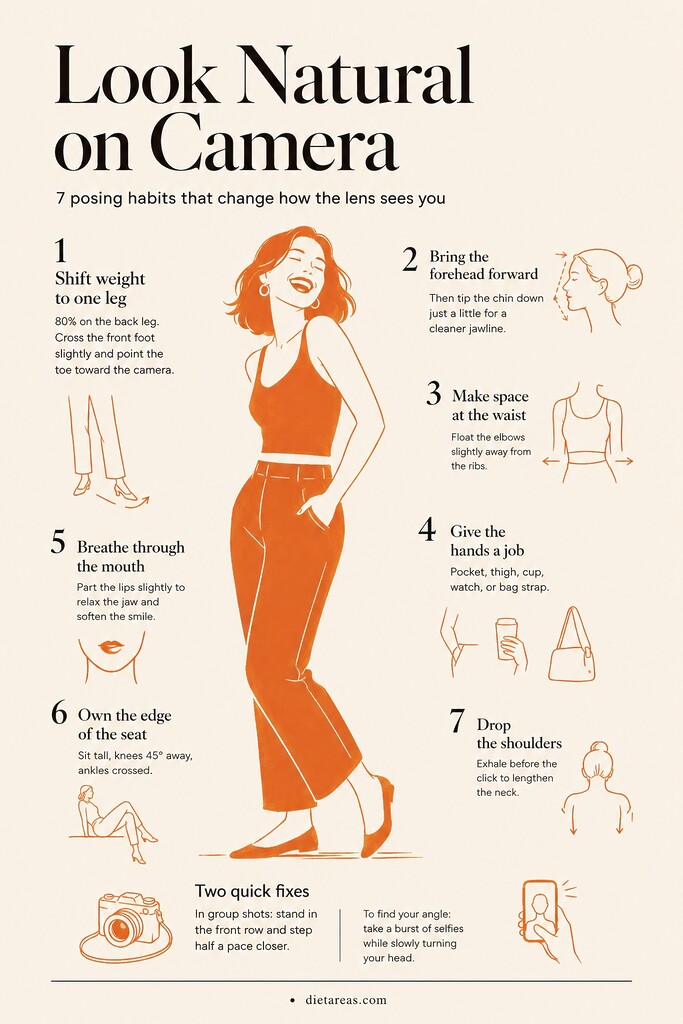 Editorial illustration summarizing seven posing tips for looking natural on camera, with a woman shifting her weight and small diagrams for posture, hands, jawline, seating, and shoulders.