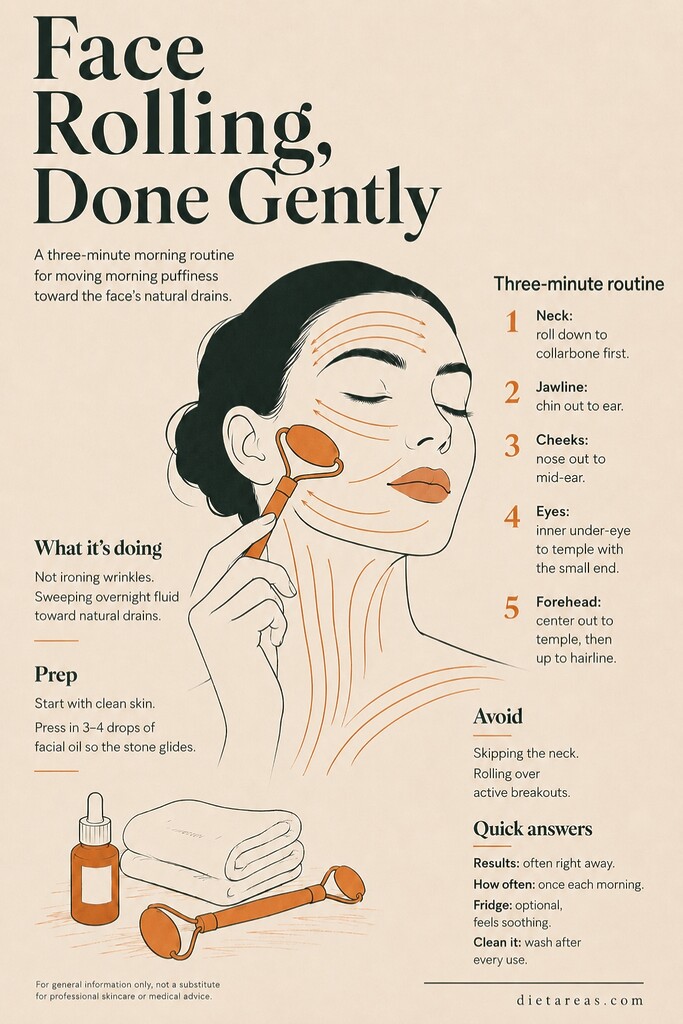 Editorial illustration showing a woman gently using a face roller with sweep lines for a three-minute morning routine, plus tips for prep, drainage paths, mistakes to avoid, and daily use.