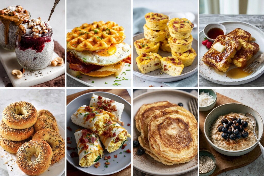 Collage of keto breakfast recipes including chia pudding, egg waffles, mini frittatas, pancakes, and wraps