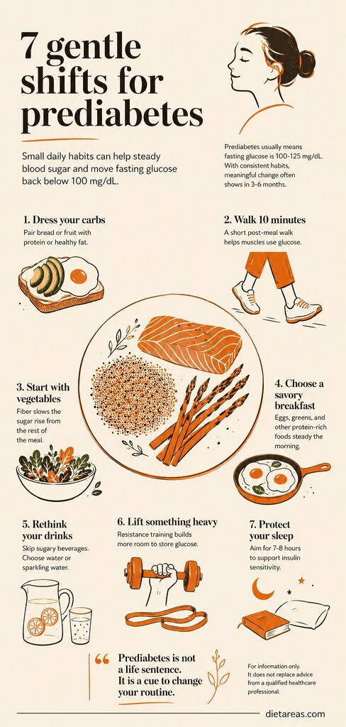 Editorial illustration summarizing seven natural prediabetes habits, including balanced meals, walking after meals, vegetables first, savory breakfast, low-sugar drinks, strength training, and better sleep.