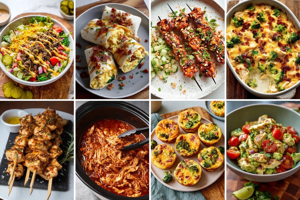 Keto fasting meal prep collage with salad, egg bites, chicken skewers, casserole, and avocado chicken salad.