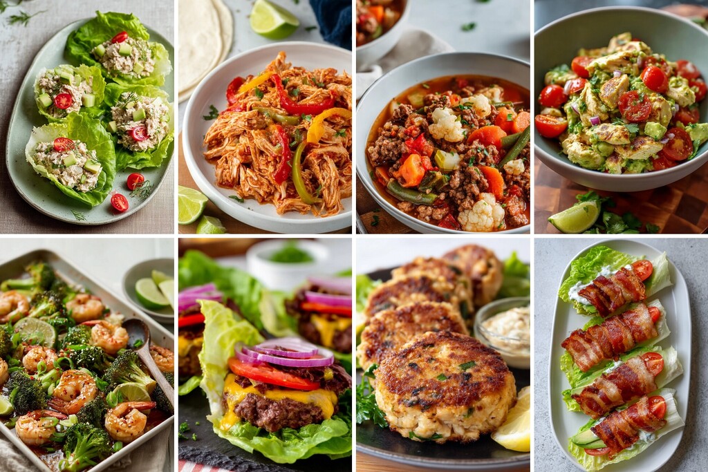 Collage of keto lunch recipes with lettuce cups, shredded chicken, shrimp broccoli, and cauliflower beef stew