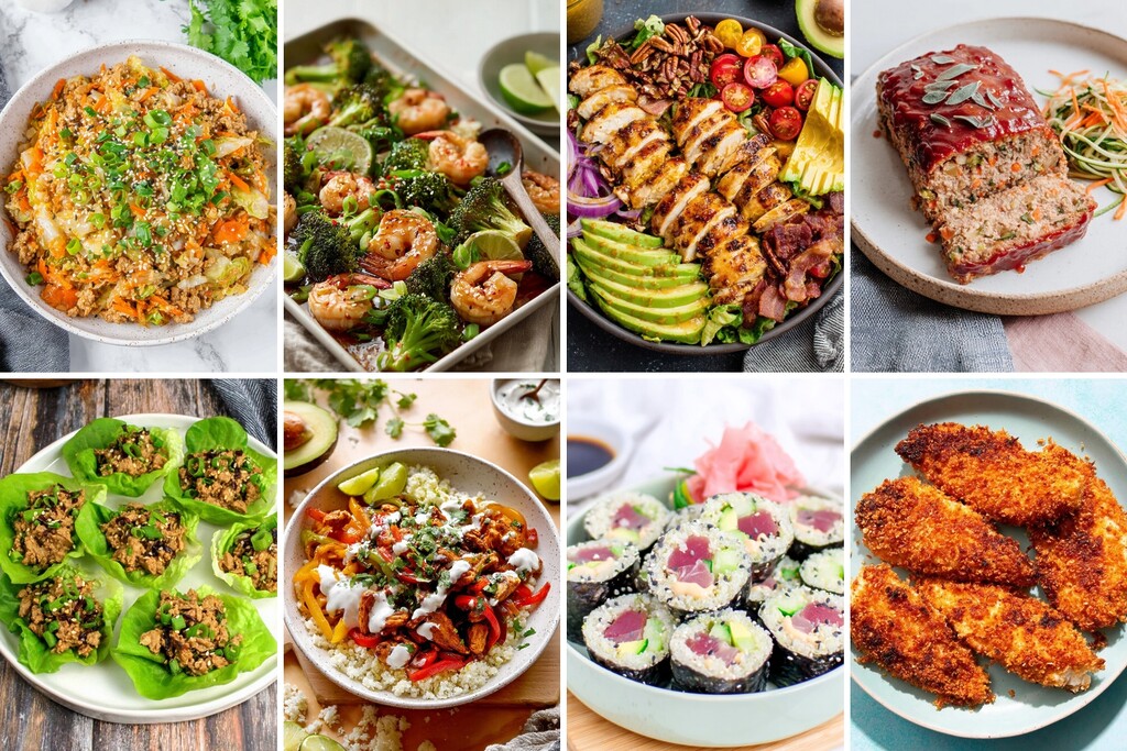 Collage of low calorie lunch ideas including shrimp broccoli stir-fry, grilled chicken salad, lettuce wraps, and sushi rolls