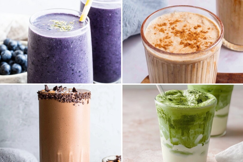 Collage of homemade weight loss drinks including blueberry smoothie, spiced shake, chocolate drink, and green matcha latte