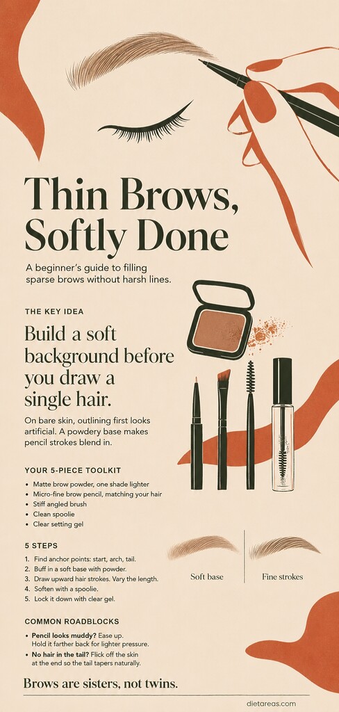 Editorial illustration showing a soft eyebrow filling guide with a brow pencil, powder, spoolie, angled brush, clear gel, and steps for creating natural-looking thin brows without harsh lines.
