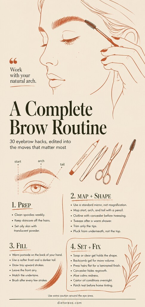Editorial illustration of a complete eyebrow routine, showing a woman grooming her brow with a spoolie, eyebrow mapping points, beauty tools, and key steps for prepping, shaping, filling, setting, and fixing brows at home.