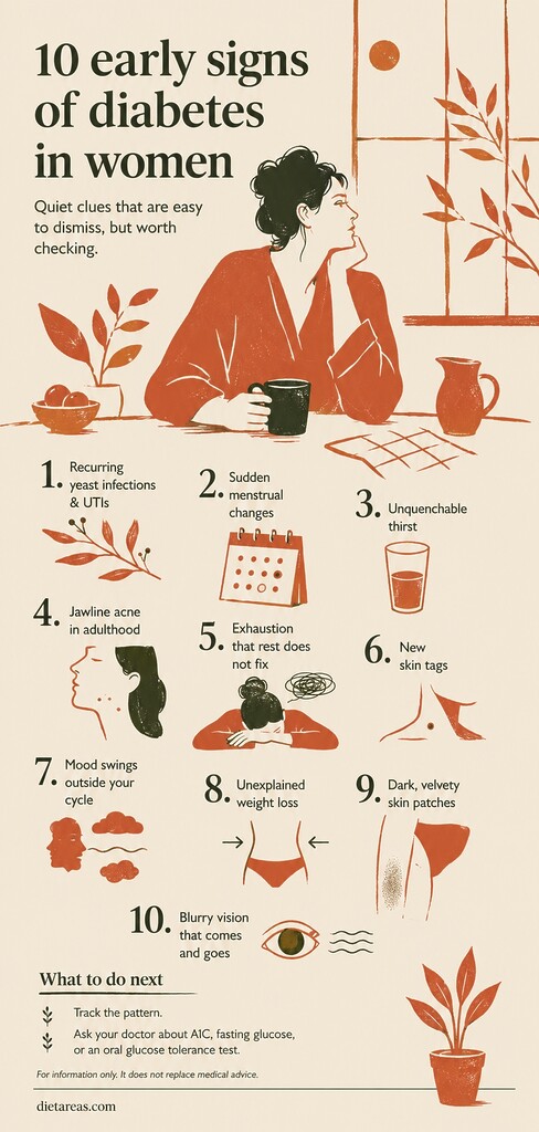 Editorial illustration showing a thoughtful woman at a kitchen table with a mug, surrounded by ten early signs of diabetes in women, including thirst, fatigue, cycle changes, skin changes, and blurry vision.