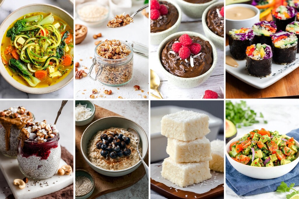 Collage of vegan keto recipes including zoodle soup, chocolate mousse, chia pudding, sushi rolls, coconut bars, and salad