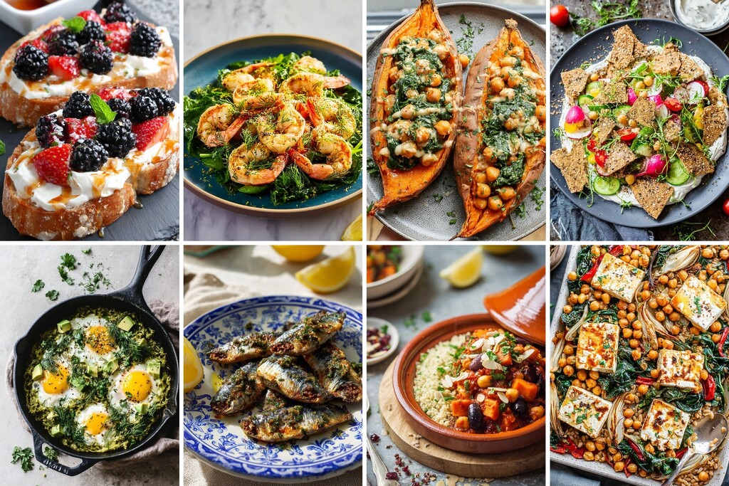 Anti-inflammatory meal plan collage with berry toast, shrimp, stuffed sweet potatoes, green eggs, and chickpea tofu bake