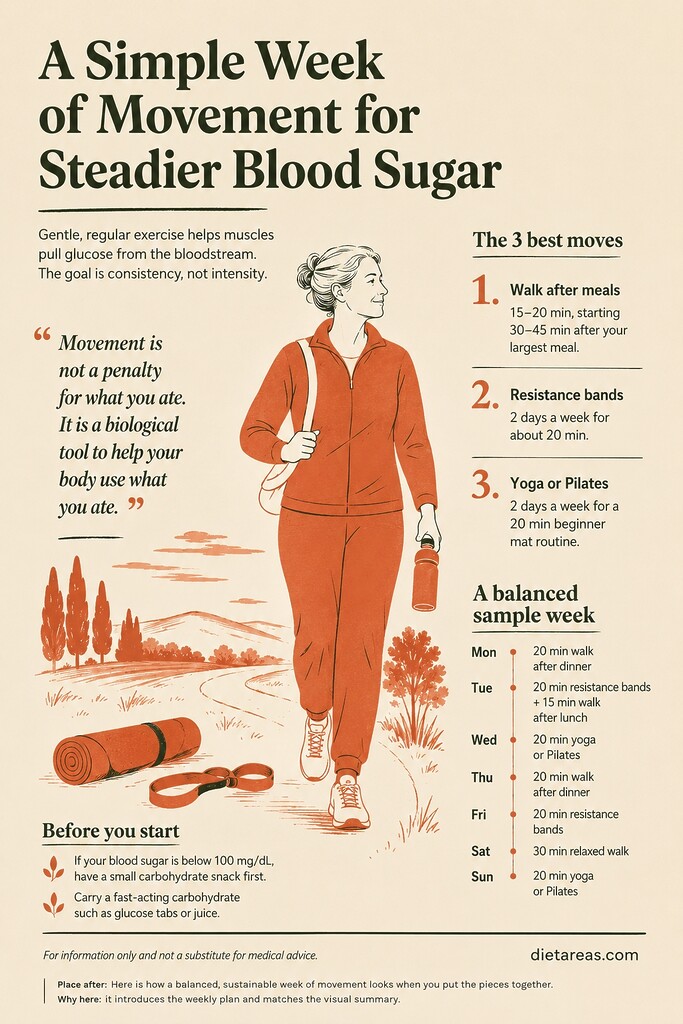 Illustrated weekly exercise routine for people with diabetes, showing post-meal walks, resistance bands, yoga, and safety tips for steadier blood sugar.
