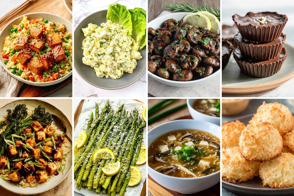 Plant-powered diabetes-friendly recipe collage with tofu, asparagus, mushrooms, soup, and low-carb desserts.