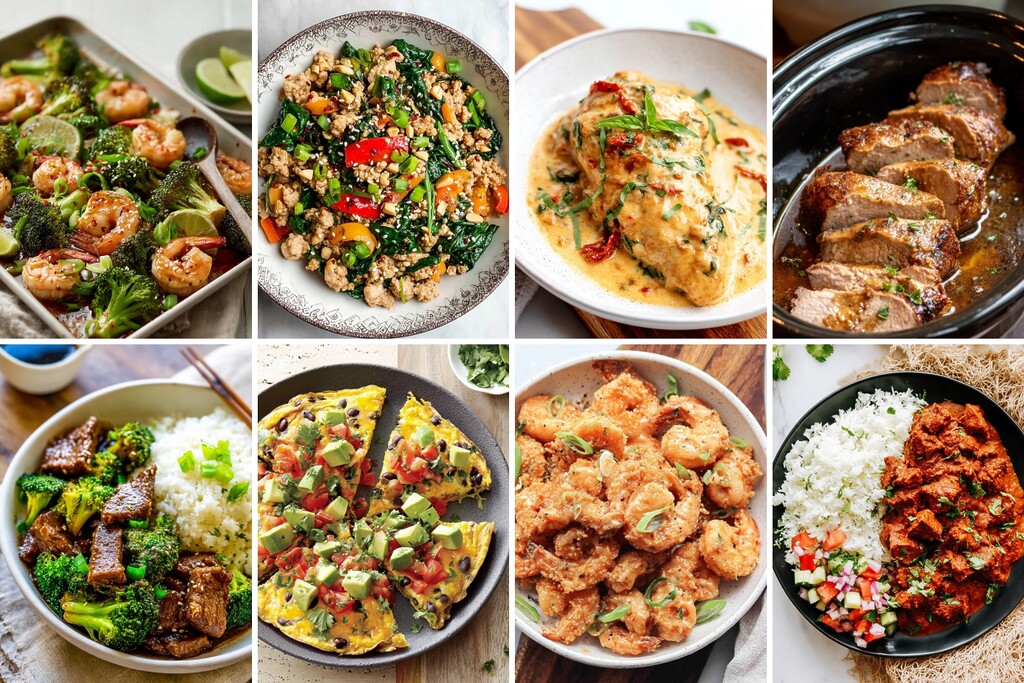 Diabetes meal planning recipe collage with shrimp, broccoli, frittata, creamy chicken, and rice bowls.