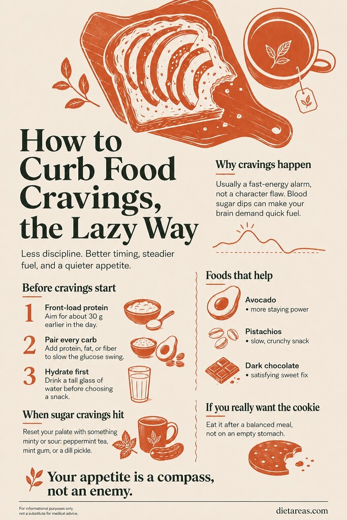 Editorial infographic summarizing easy ways to curb food cravings, including protein at breakfast, pairing carbs with fat or fiber, drinking water, and choosing satisfying foods like avocado, pistachios, dark chocolate, and peppermint tea.