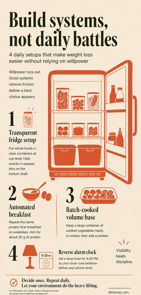Editorial infographic showing four daily weight loss systems: organizing whole foods in clear fridge containers, repeating a protein-first breakfast, batch-cooking vegetables, and using a 9:30 PM lamp timer to support bedtime routines.