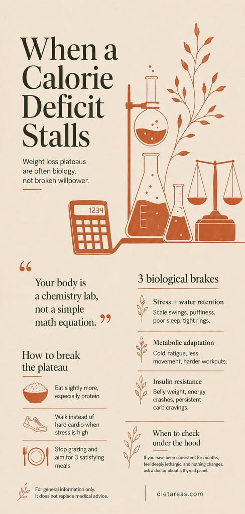 Editorial infographic showing a calculator connected to lab glassware and a balance scale to explain why weight loss can stall in a calorie deficit.