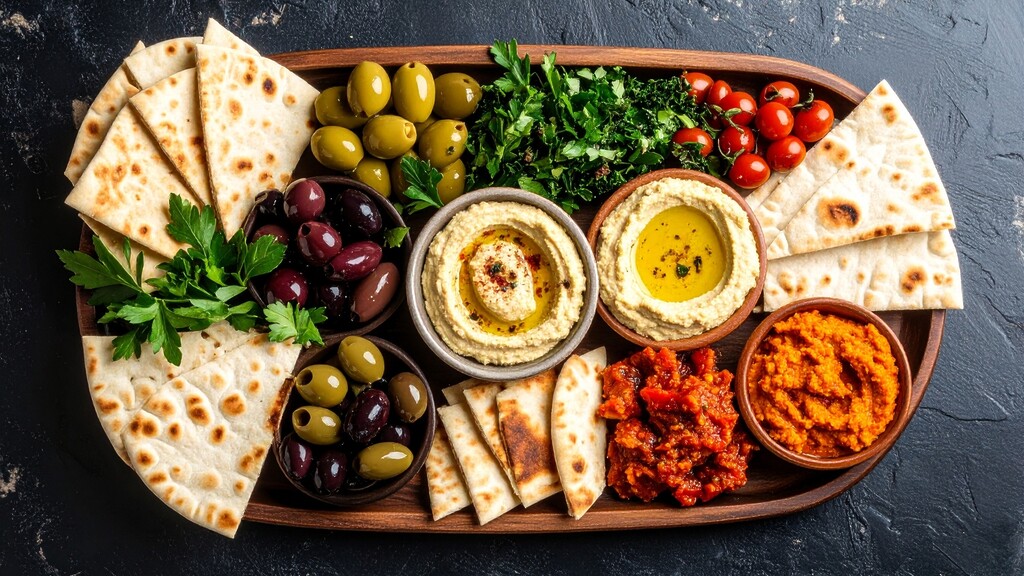 Mediterranean mezze platter with pita bread, hummus, olives, fresh herbs, cherry tomatoes, and roasted vegetable dips.