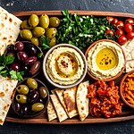 7 Surprising Mediterranean Diet Benefits Beyond Weight Loss Mediterranean mezze platter with pita bread, hummus, olives, fresh herbs, cherry tomatoes, and roasted vegetable dips.