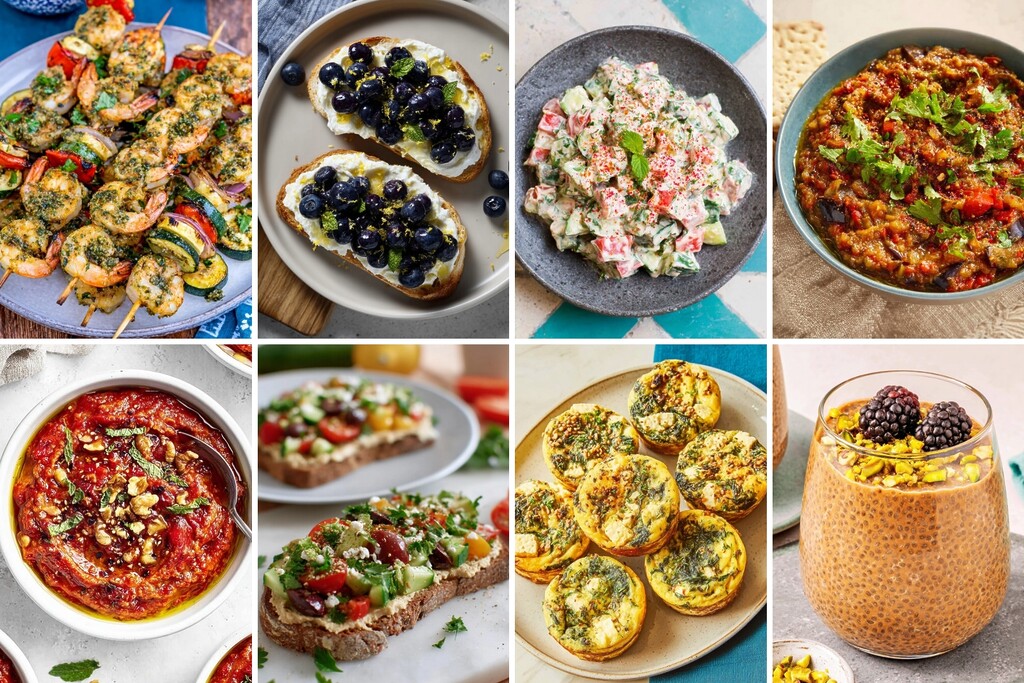 Mediterranean snack collage with shrimp skewers, bruschetta, egg bites, fresh dips, and chia pudding