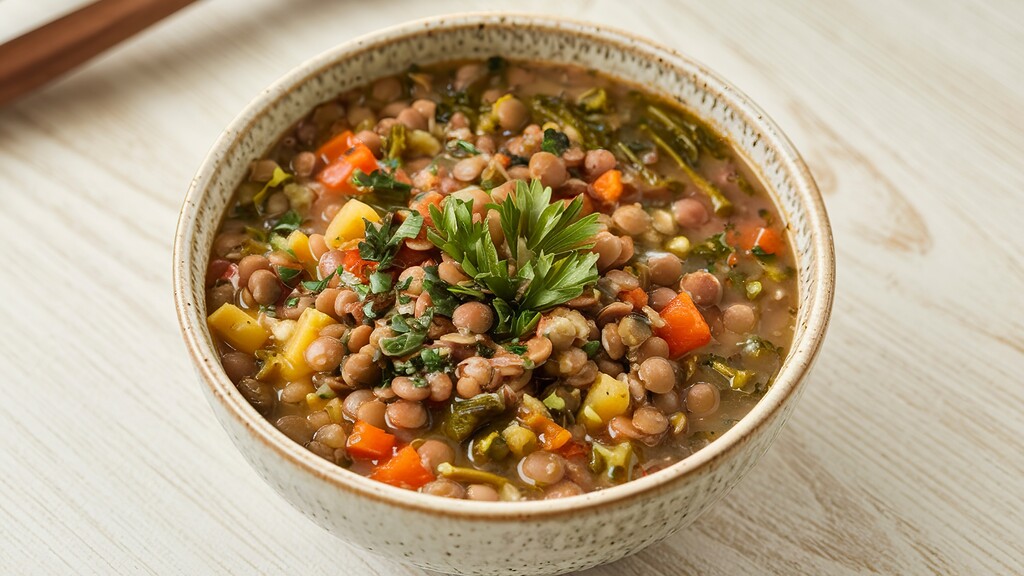 Bowl of Mediterranean lentil and vegetable soup topped with fresh parsley on a light wooden table.