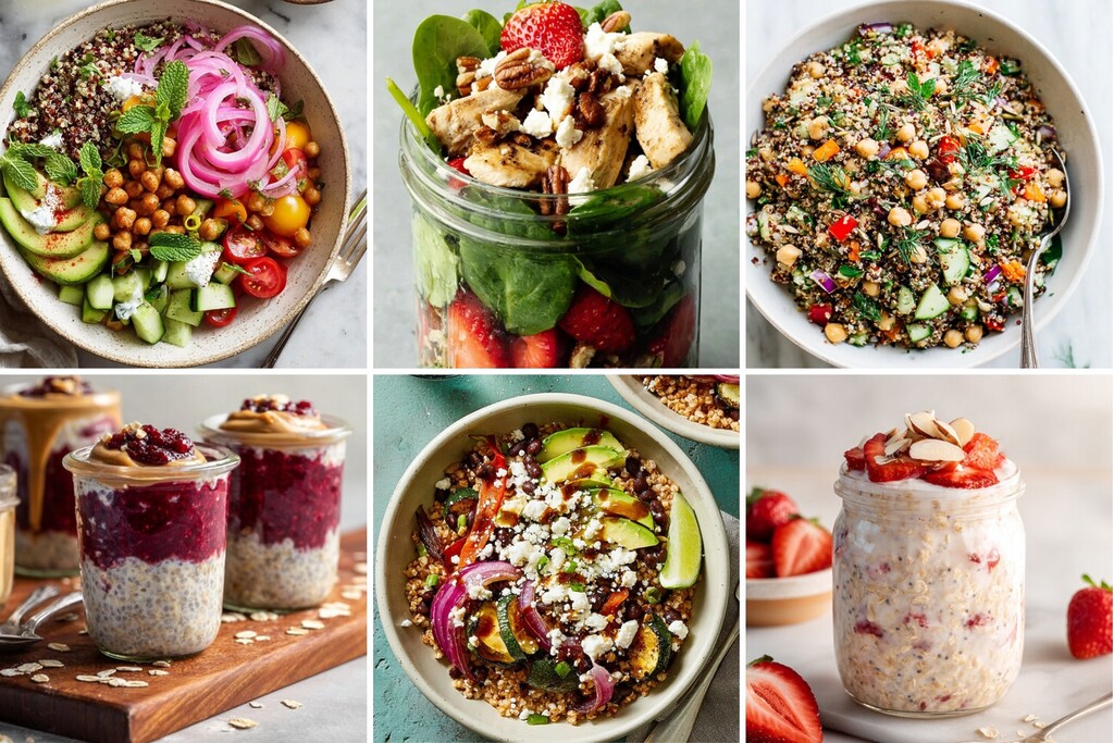 DASH diet meal prep spread featuring grain bowls, chickpea quinoa salad, jar salad, and overnight oats.