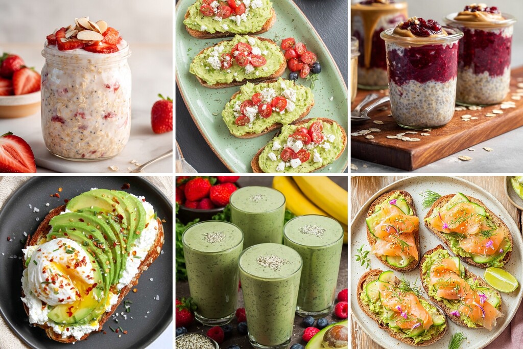 Collage of quick DASH diet breakfasts with overnight oats, avocado toast, chia cups, and green smoothies.