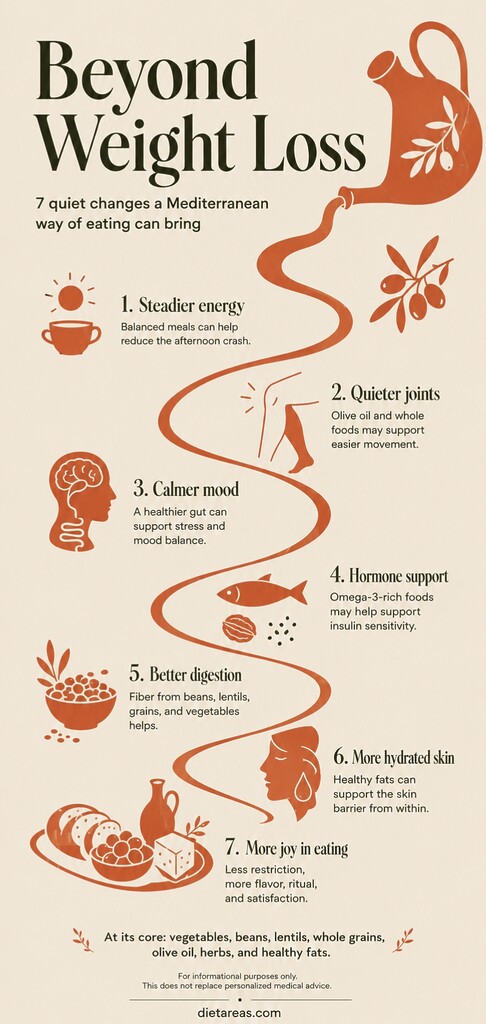 Editorial illustration summarizing seven Mediterranean diet benefits beyond weight loss, including steadier energy, better digestion, calmer mood, hydrated skin, and more joy in eating.