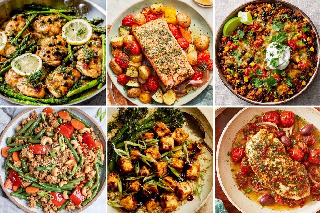 Collage of six one-pan DASH diet dinners with salmon, chicken, tofu, quinoa, and vegetables