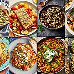 10 One-Pan Mediterranean Dinners for Effortless Weeknight Cleanup 8 one-pan Mediterranean dinners including salmon, eggplant, white bean soup, quinoa casserole, and stuffed vegetables.