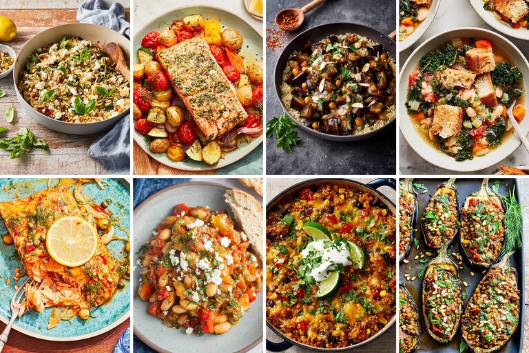 8 one-pan Mediterranean dinners including salmon, eggplant, white bean soup, quinoa casserole, and stuffed vegetables.