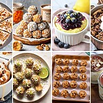 8 healthy snacks and sweet treats including energy balls, mug cakes, carrot cake bars, skillet cookie, and chocolate dessert jars.