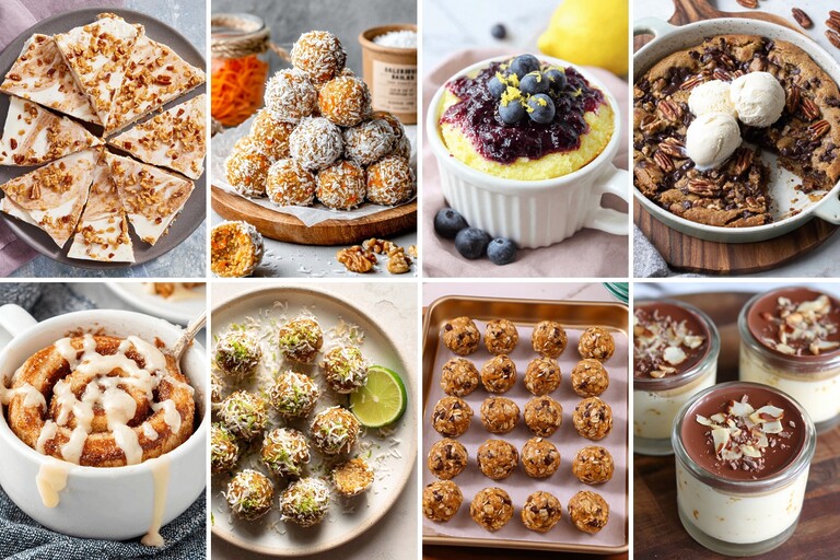 8 healthy snacks and sweet treats including energy balls, mug cakes, carrot cake bars, skillet cookie, and chocolate dessert jars.