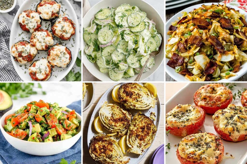 6 low-carb summer side dishes including cucumber salad, cabbage with bacon, avocado tomato salad, grilled cabbage, and cheesy tomatoes.