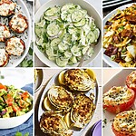 7 Easy Low-Carb Side Dishes for Summer Grilling 6 low-carb summer side dishes including cucumber salad, cabbage with bacon, avocado tomato salad, grilled cabbage, and cheesy tomatoes.