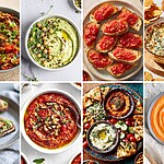 8 Easy Mediterranean Appetizers for a Bright Spring Spread 8 Mediterranean dips and appetizers including hummus, bruschetta, spinach dip, salmon toast, red pepper dip, and carrot dip.