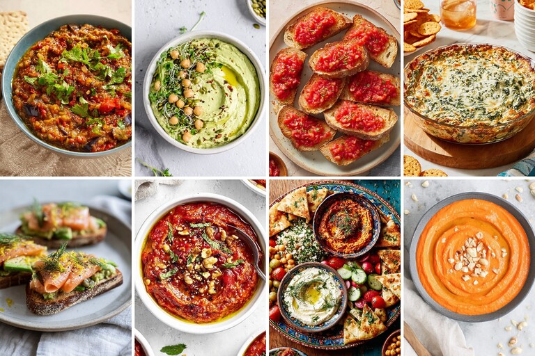 8 Mediterranean dips and appetizers including hummus, bruschetta, spinach dip, salmon toast, red pepper dip, and carrot dip.